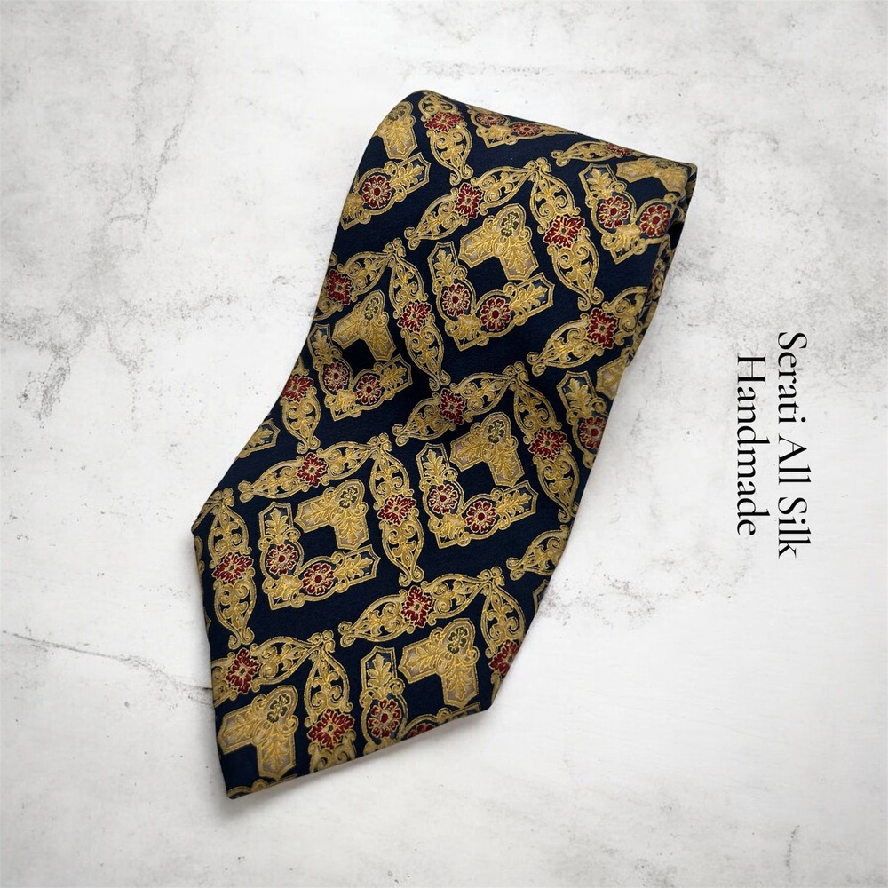 Serati Mens Silk Tie Navy Blue Gold Red Baroque Medallion Handmade Geometric 4in